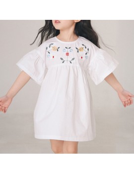 Flower Embroidered Girls Short Sleeve Vintage Dress For 4Y-15Y