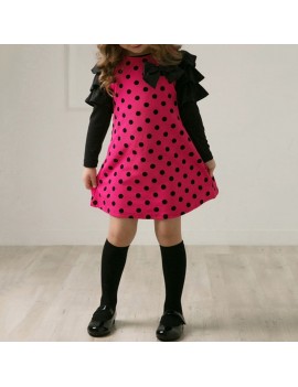 Dots Print Girls Long Sleeve Patchwork Dress For 2Y-11Y