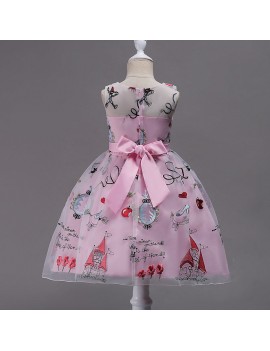 Embroidery Pattern Girls Bowknot Sleeveless Party Princess Dress For 4Y-15Y