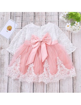 Bow-Knot Patch Girls Long Sleeve Lace Dress For 1Y-7Y