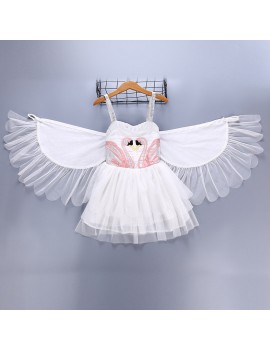 Flamingo Embroidery Girls Angel Wings Performance Princess Dress For 2Y-11Y