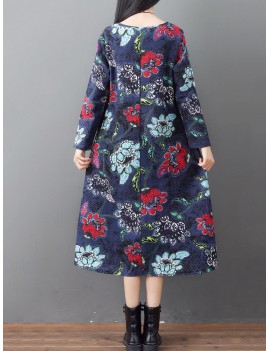 Loose O-neck Floral Print Long Sleeve Vintage Mid-long Dress