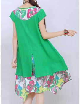Floral Print Fake Two Piece Short Sleeve V-neck Dress For Women