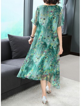 Elegant Floral Print Gradient Short Sleeve Mid-long Dresses