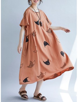 Loose Cat Print Short Sleeve O-neck Vintage Mid-long Dresses