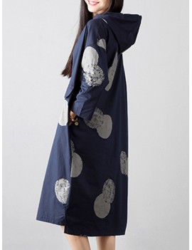 Casual Polka Dot Print Irregular Hem Hooded Long Sleeve Women Dresses