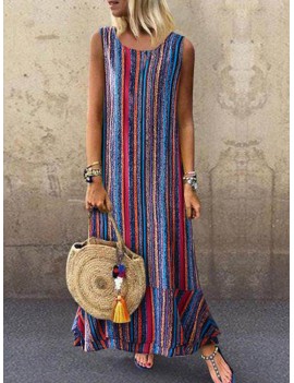 Ethnic Vintage Colorful Striped Sleeveless Maxi Dress