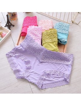 Breathable Lace-trim Hip Lifting Modal Mid Waist Panties