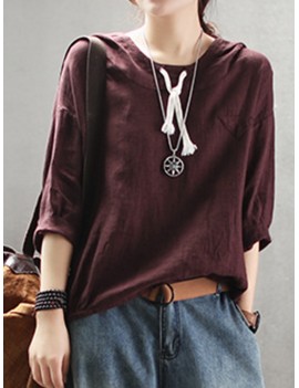 Casual Hoodies Pure Color 3/4 Sleeve O-neck Maxi Women T-shirt