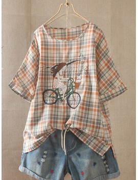 Casual Embroidered Girl Plaid Cute T-Shirt