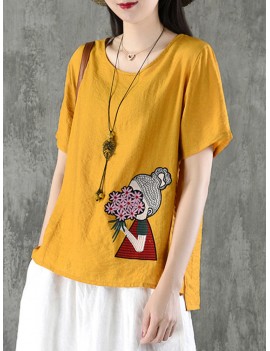 Cartoon Embroidered Irregular Short Sleeve O-neck T-shirts