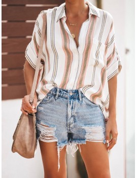 Bohemian Striped Print Button Short Sleeve Casual Blouse