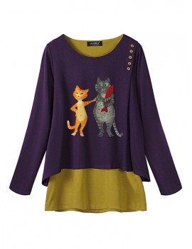 Casual Print Cat Long Sleeve Blouse For Women