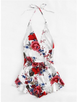 Sexy Backless Halter Floral Printed Bohemian Short Jumpsuits