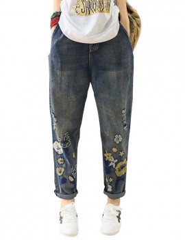 Casual Holes Flowers Embroidery Loose Old Harem Jeans