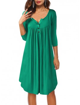 Button Fly O-neck Pleated Casual Dresses
