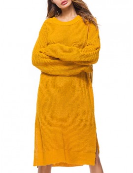 Casual Pure Color Side Splited Long Sleeve Women Sweater Dresses