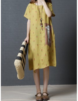 Casual Strawberry Dog Pattern Short Sleeve O-neck Dress For Women