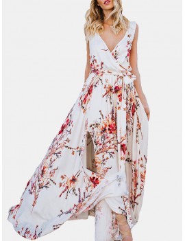 Floral Print Cross Wrap Sleeveless Maxi Dress For Women