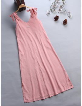 Bowknots V Neck Solid Color Straps Maxi Dress