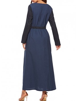 Casual V-neck Two-tone Pockets Long Sleeve Maxi Dress With Belt