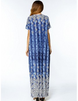 Casual Print O-neck Loose Short Sleeve Maxi Dresses For Women