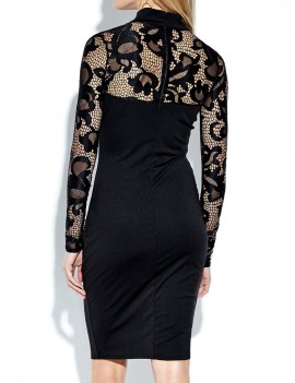 Lace Patchwork Stand Collar Long Sleeve Women Dress