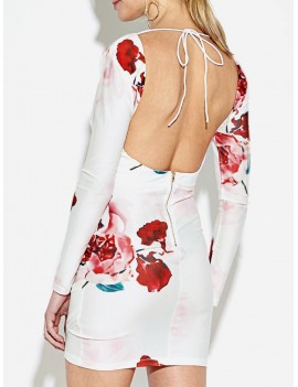 Ink Floral Print Backless V-neck Long Sleeve Women Mini Dress