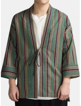 Men Loose Thin Striped Retro Design Cotton Linen Coat