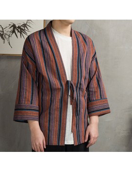 Men Loose Thin Striped Retro Design Cotton Linen Coat
