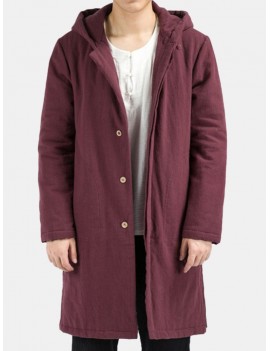 Mens National Cotton Linen Hooded Collar Solid Color Long Sleeve Thicken Coat Casual Midlong Jacket