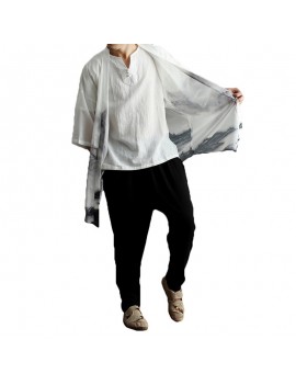 Chiffon Thin Lightweight Sun Block Shirt Loose Chinese Ethnic Panting Coat for Men