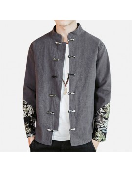 Mens National Style Coat Floral Printing Patchwork Linen Double Breasted Casual Jacket