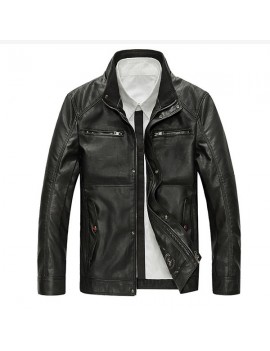 Motorcycle Style Outdoor PU Leather Multi Pockets Solid Color Jacket for Men