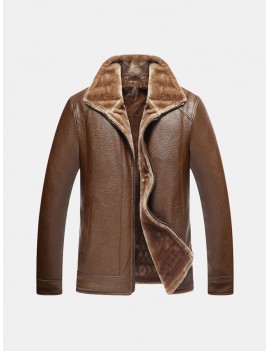 Mens Winter Washed PU Leather Fleece Lined Coat Thicken Warm Zipper Jacket