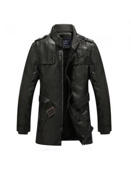 Mens Fashion Stand Collar Jacket PU Leather Fluffy Lined Warm Slim Fit Coat