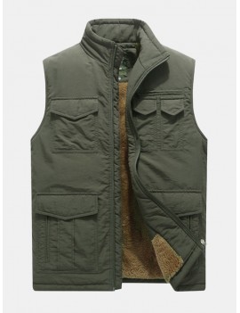 Men's Mutil-Pockets Outdoor Fishing Sleeveless Shearling Stand Collar Coat Thicken Fleece Vest