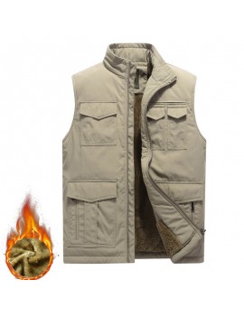 Men's Mutil-Pockets Outdoor Fishing Sleeveless Shearling Stand Collar Coat Thicken Fleece Vest