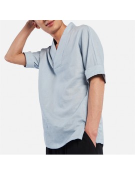 Men's Chinese Style Vintage Cotton Linen T-shirts V-neck Seven-point Sleeve Tops