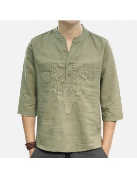 Men's Chinese Style T-shirt Summer Half-Sleeves V-neck Collar Embroidery Tops