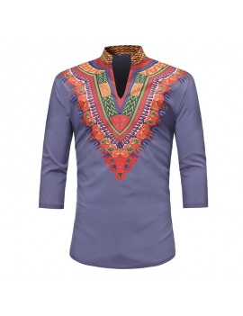 Mens African Ethnic Style 3D Printed Stand Collar 3/4 Sleeve Casual T Shirts