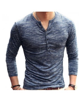 Mens Breathable Cotton Casual T shirt Buttons Design Half-cardigan Slim Fit Long Sleeve Tops