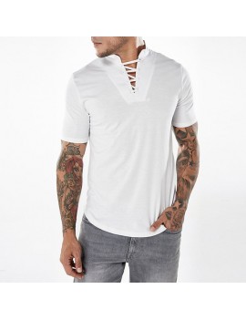 Mens Fashion Bust Bandages Tees V-neck Short Sleeve Regular Fit Casual Cotton T Shirts