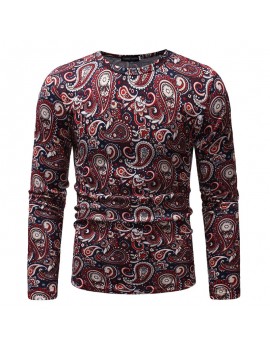Mens Cashew Flowers Printing Crew Neck Long Sleeve Slim Fit Casual T shirt