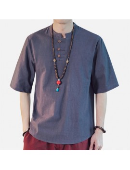 Mens Chinese Style Cotton Linen Short-sleeved T-shirts Vintage Breathable Tops
