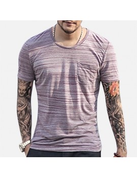 Mens Basic Breathable Striped Chest Pocket Casual Loose Brief T-shirt