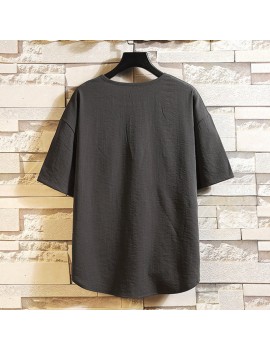 Mens Cotton Linen T-Shirt Vintage Patchwork Chinese Style Summer Linen Tee Shirt