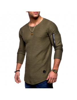 Mens Breathable Solid Color Irregular Hem Zipper O-neck Long Sleeve Slim Casual T Shirts
