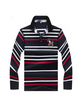 Mens Embroidery Logo Striped Printed Golf Shirt Spring Fall Long Sleeve Casual Business Tee Tops