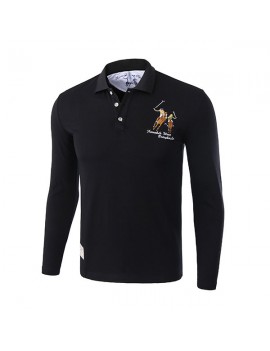 Mens Character Horse Embroidery Golf Shirt Turndown Collar Long Sleeve Casual Tee Tops